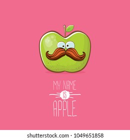funny cartoon cute green apple character isolated on pink background. My name is apple vector concept. vector super funky fruit summer food character