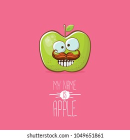 funny cartoon cute green apple character isolated on pink background. My name is apple vector concept. vector super funky fruit summer food character