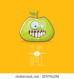 funny cartoon cute green apple character isolated on orange background. My name is apple vector concept. vector super funky fruit summer food character