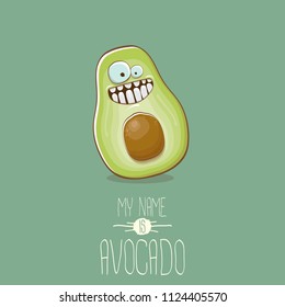 funny cartoon cute green avocado character isolated on green background. My name is avocado vector concept. vector healthy summer funky fruit  character