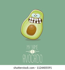 funny cartoon cute green avocado character isolated on green background. My name is avocado vector concept. vector healthy summer funky fruit  character