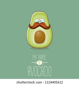 funny cartoon cute green avocado character isolated on green background. My name is avocado vector concept. vector healthy summer funky fruit  character