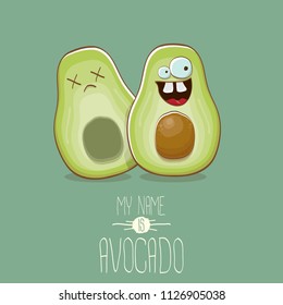 funny cartoon cute green avocado character with his dead friend avocado having fun. Friendship day concept comic greeting card or funny poster