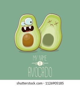 funny cartoon cute green avocado character with his dead friend avocado having fun. Friendship day concept comic greeting card or funny poster