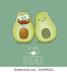 funny cartoon cute green avocado character with his dead friend avocado having fun. Friendship day concept comic greeting card or funny poster
