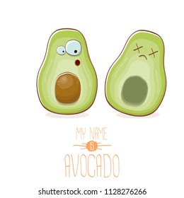 funny cartoon cute green avocado character with his dead friend avocado having fun. Friendship day concept comic greeting card or funny poster
