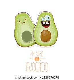 funny cartoon cute green avocado character with his dead friend avocado having fun. Friendship day concept comic greeting card or funny poster