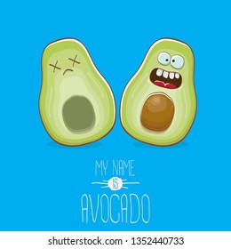 funny cartoon cute green avocado character with his dead friend avocado having fun. Friendship day concept comic greeting card or funny poster