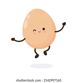 Funny cartoon Cute happy chicken egg jumping, healthy food concept, icon comic character Vector flat design illustration isolated on white background