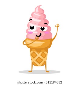 Funny cartoon cute ice cream. Kawaii funny muzzle. Vector illustration. Happy face. Collection emotions. Beautiful sweet