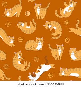 Funny cartoon cute red orange cats. Seamless pattern  for children. Sleeping and playing kittens