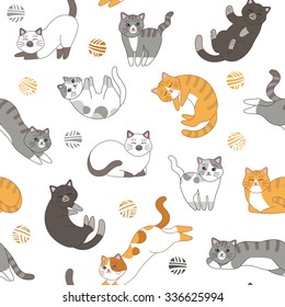 Funny cartoon cute red, orange, gray, white, black cats. Seamless pattern  for children. Sleeping and playing kittens