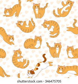 Funny cartoon cute red, orange, ginger cats. Seamless pattern for children. Sleeping and playing kittens