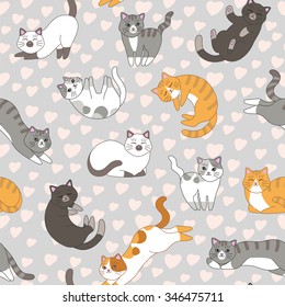 Funny cartoon cute red, orange, ginger, gray, white, black cats. Seamless pattern for children. Sleeping and playing kittens