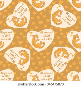 Funny cartoon cute red, orange, gray, white, black cats. Seamless pattern for children. Sleeping kittens in a heart. All you need is love and a cat
