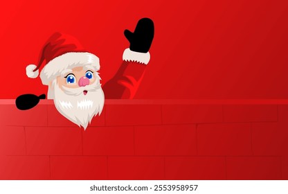 Funny cartoon of a cute Santa Claus peeking from behind a wall, playfully waving his hand. Perfect for Christmas cards, festive banners, holiday promotions, and social media posts