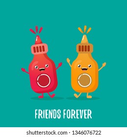 funny cartoon cute smiling ketchup and mustard bottles character set .  food flat funky character. Best friends or friendsip concept