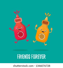 funny cartoon cute smiling ketchup and mustard bottles character set .  food flat funky character. Best friends or friendsip concept
