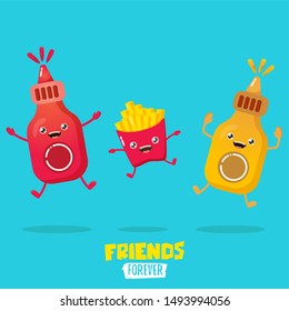 funny cartoon cute smiling ketchup bottle, mustard bottle and potatoe french fries characters set . food flat funky character. Best friends or friendsip concept