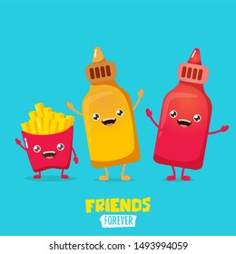 funny cartoon cute smiling ketchup bottle, mustard bottle and potatoe french fries characters set . food flat funky character. Best friends or friendsip concept