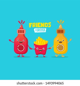 funny cartoon cute smiling ketchup bottle, mustard bottle and potatoe french fries characters set . food flat funky character. Best friends or friendsip concept