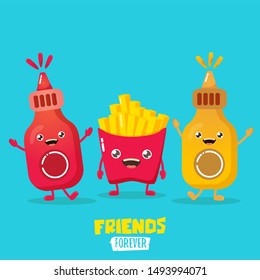 funny cartoon cute smiling ketchup bottle, mustard bottle and potatoe french fries characters set . food flat funky character. Best friends or friendsip concept