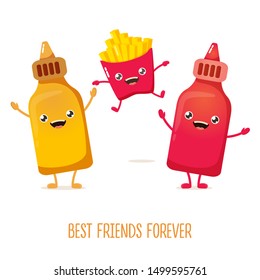 funny cartoon cute smiling ketchup bottle, mustard bottle and potatoe french fries characters set isolated on white background. food flat funky character. Best friends or friendship concept
