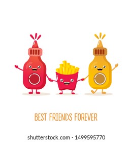 funny cartoon cute smiling ketchup bottle, mustard bottle and potatoe french fries characters set isolated on white background. food flat funky character. Best friends or friendship concept