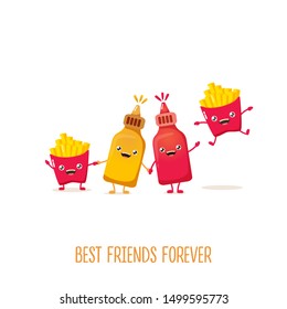 funny cartoon cute smiling ketchup bottle, mustard bottle and potatoe french fries characters set isolated on white background. food flat funky character. Best friends or friendship concept