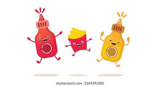 funny cartoon cute smiling ketchup bottle, mustard bottle and potato French fries characters set . food flat funky character. Best friends or friendship concept horizontal banner design template 
