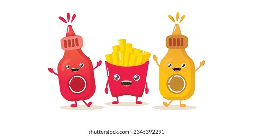 funny cartoon cute smiling ketchup bottle, mustard bottle and potato French fries characters set . food flat funky character. Best friends or friendship concept horizontal banner design template 