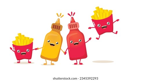 funny cartoon cute smiling ketchup bottle, mustard bottle and potato French fries characters set . food flat funky character. Best friends or friendship concept horizontal banner design template 