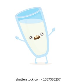 funny cartoon cute smiling milk glass character isolated on white background. Kids food flat funky character 