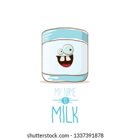 funny cartoon cute smiling milk glass character isolated on white background. My name is Milk concept illustration. Kids food flat funky character