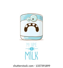 funny cartoon cute smiling milk glass character isolated on white background. My name is Milk concept illustration. Kids food flat funky character