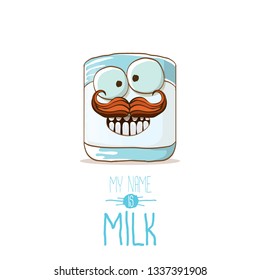 funny cartoon cute smiling milk glass character isolated on white background. My name is Milk concept illustration. Kids food flat funky character