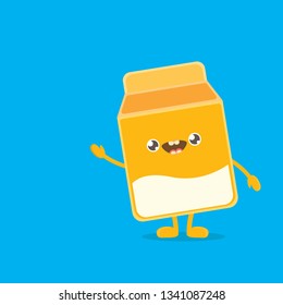 funny cartoon cute smiling milk carton character isolated on blue background. Kids food flat funky character 