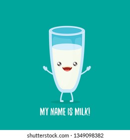 funny cartoon cute smiling milk glass character isolated on azure background.  My name is Milk concept illustration. Kids kawaii food funky character. 