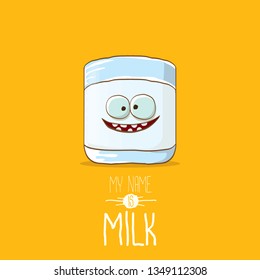 funny cartoon cute smiling milk glass character isolated on orange background. My name is Milk concept illustration. Kids food flat funky character