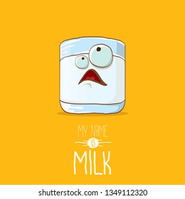 funny cartoon cute smiling milk glass character isolated on orange background. My name is Milk concept illustration. Kids food flat funky character