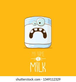 funny cartoon cute smiling milk glass character isolated on orange background. My name is Milk concept illustration. Kids food flat funky character
