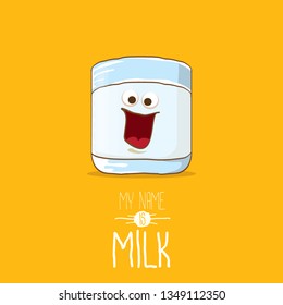 funny cartoon cute smiling milk glass character isolated on orange background. My name is Milk concept illustration. Kids food flat funky character