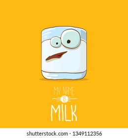 funny cartoon cute smiling milk glass character isolated on orange background. My name is Milk concept illustration. Kids food flat funky character