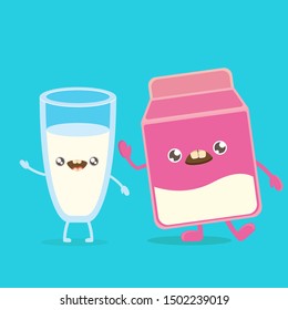 funny cartoon cute smiling pink milk carton character and milk glass character isolated on white background. Kids food flat funky character 