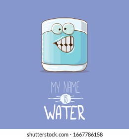 funny cartoon cute smiling still water glass character isolated on violet background. My name is Water concept illustration. Kids food flat funky kawaii character