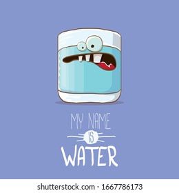 funny cartoon cute smiling still water glass character isolated on violet background. My name is Water concept illustration. Kids food flat funky kawaii character