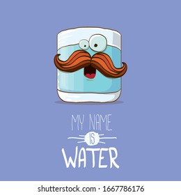 funny cartoon cute smiling still water glass character isolated on violet background. My name is Water concept illustration. Kids food flat funky kawaii character