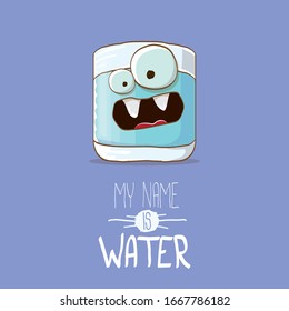 funny cartoon cute smiling still water glass character isolated on violet background. My name is Water concept illustration. Kids food flat funky kawaii character