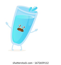 funny cartoon cute smiling still water glass character isolated on white background.  Kids food flat funky kawaii character