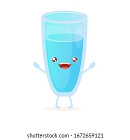 funny cartoon cute smiling still water glass character isolated on white background.  Kids food flat funky kawaii character